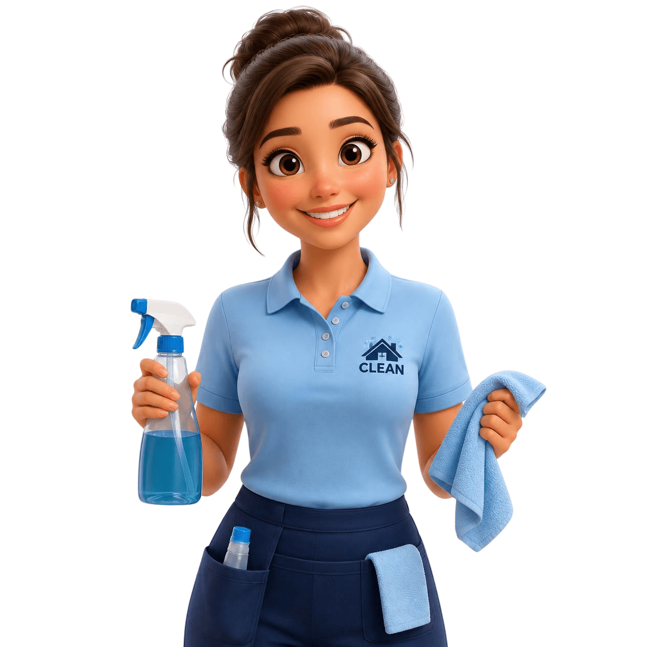 Cleaner BNB Cleaning en polo bleu avec spray et chiffon